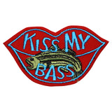 A novelty patch featuring red lips with the phrase 'Kiss My Bass' embroidered on it, with a small fish illustration inside the lips.
