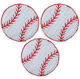 Three embroidered baseball patches with red stitching on a white background