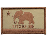 A patch with an elephant and a star, featuring text 'LET'S BE IRIE' on a beige and brown background.