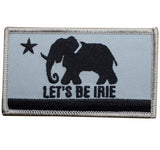 Patch with an elephant design and 'Let's Be Irie' text on a white background