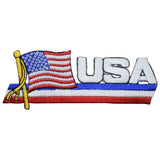 A US flag patch with the text 'USA' and a red white and blue design