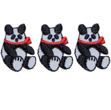 Three embroidered patches depicting pandas with bear scarves, arranged side by side.