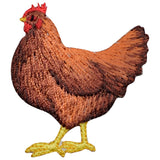Embroidered chicken applique patch in brown and yellow colors with a red comb and wattle, designed for iron-on application.