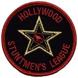 A round embroidered patch with the text 'Hollywood Stuntmen's League' and a star in gold on a black background with a red border.