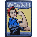 A patch featuring an embroidered depiction of Rosie the Riveter with the slogan 'We Can Do It!' in a vintage WW2 style.