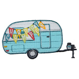 applique patch depicting a blue camper RV with the text 'HAPPY CAMPER' in multi-colored letters hanging from the front.