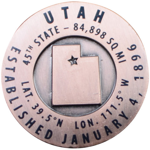 Utah Geo-Marker Pin - Est. 1896, 45th State, Hiking Benchmark Medallion, Survey Marker (Clearance) - Patch Parlor