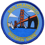 A round embroidered patch featuring the Golden Gate Bridge with the text 'San Francisco' and 'Golden Gate' on a blue and white border.