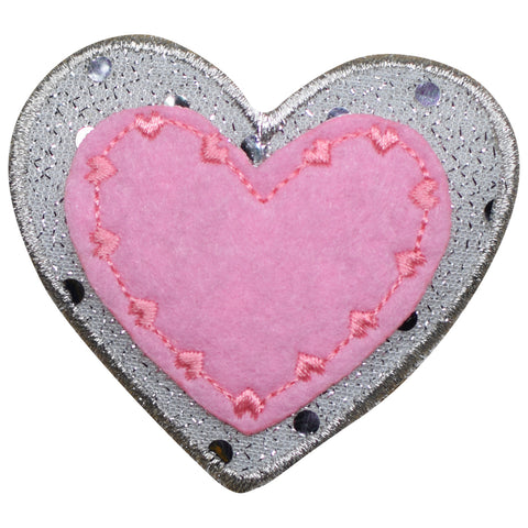 Heart Applique Patch - Pink Silver Layered Sparkle Love Badge 2.25" (Iron on) - Patch Parlor