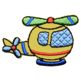 A colorful embroidered patch in the shape of a mini helicopter intended for iron on application.