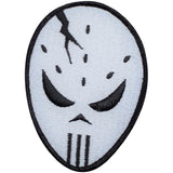 A patch depicting a hockey goalie mask with a cracked face design