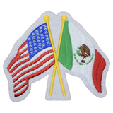A patch featuring the crossed flags of the United States of America and Mexico with an iron on backing.