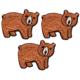 Three brown bear applique patches, designed to be ironed onto fabric.