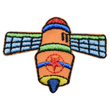 An embroidered patch in the shape of a satellite with a colorful design, featuring orange, blue, green, and red as the primary colors.