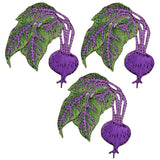 Three embroidered patches depicting beets with green leaves, designed to be ironed onto fabric.