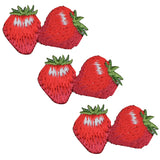 A set of three embroidered patches, each showing a pair of strawberries applique-style on a white background.