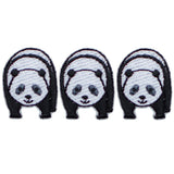 three panda bear patches on a white background