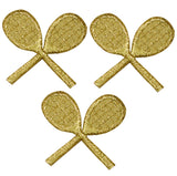 Three metallic gold tennis racket shaped embroidered patches with an iron on application.