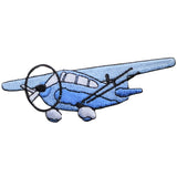 A blue and gray embroidered airplane patch with an iron on backing.