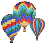 A set of three colorful embroidered patches depicting hot air balloons in an applique style. Each balloon has a different pattern with prominent red, blue, yellow, and green colors.