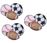 three sports patches each depicting a baseball, football, and soccer ball