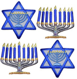 A set of four embroidered applique patches for Hanukkah, featuring two designs of the Star of David and two Menorahs against a white background.