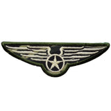 A camouflage military applique patch with wings and a pilot badge design, intended for iron on application.