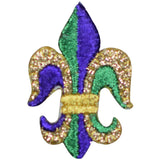 A medium-sized metallic gold Fleur de Lis applique patch with blue and green accents designed for iron on application.