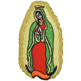 An embroidered patch depicting Our Lady of Guadalupe, with a predominantly green and red color scheme