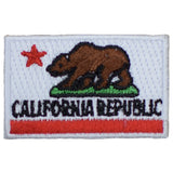 A small embroidered patch featuring the California Republic bear and star emblem on a white, red, and green background, with text that reads 'CALIFORNIA REPUBLIC'.