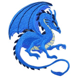 Blue dragon applique patch with a right-facing design, featuring detailed wings and a fantasy badge style.