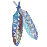A colorful feather applique patch with Native American inspired design, intended for iron on application.