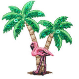 A patch depicting a pink flamingo standing between two green palm trees with sequins