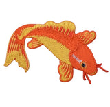 A embroidered patch depicting a koi fish with orange and yellow body