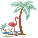 A patch depicting a pink flamingo standing next to a palm tree, with a tropical theme.