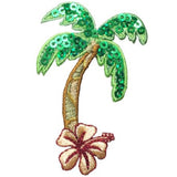 A patch depicting a green palm tree with a sequined texture and a pink hibiscus flower below it.