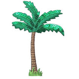 A sequin-covered green palm tree with a brown trunk and grass base applique patch.