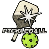 A patch featuring elements of a pickleball game, including a paddle, a pickleball, and the text 'PICKLEBALL'.