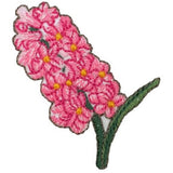 A embroidered patch depicting a pink hyacinth flower with a green stem and leaves.