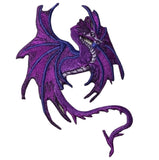 A purple fantasy dragon applique patch facing right with intricate detailing on its wings and tail.