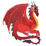A red dragon applique patch, right-facing, and suitable for iron on application.
