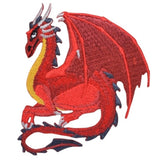 A red embroidered patch of a dragon with a fantasy left-facing design, 3.25 inches in size.