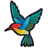 A colorful embroidered patch depicting a hummingbird in flight with iron-on backing.