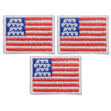 Three Mini American Flag Applique Patches displayed against a white background, each patch features the United States flag design with red and white stripes and blue star fields.