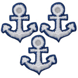 Three embroidered patches depicting anchors in blue and white colors on a white background.