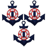 Three anchor applique patches with life preserver buoy design in red, white, and blue colors, intended for iron on application.