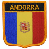 An embroidered patch featuring the flag of Andorra with a yellow border and the name 'ANDORRA' at the top.