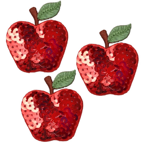 Apple Applique Patch - Sequin, Fruit, Food Badge 1.75" (3-Pack, Iron on) - Patch Parlor