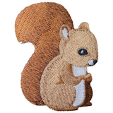 Embroidered patch depicting a baby squirrel on a white background
