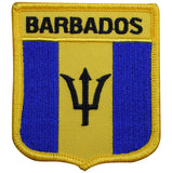 A shield-shaped embroidered patch with the text 'BARBADOS' and a trident symbol in blue and yellow colors.